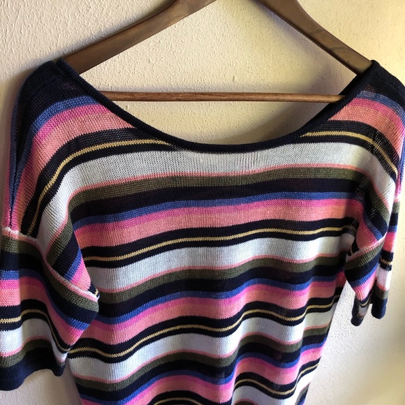 Talbots Linen Short Sleeve Sweater. Navy Multicolor Stripes. Size Medium - Picture 2 of 11